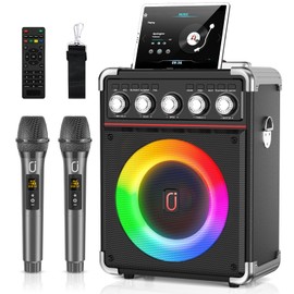Karaoke Machine with 2 Microphones: HWWR Portable Karaoke Machine for Adults Kids, Party Bluetooth Speaker with Bass/Treble Adjustment, PA System with Remote Control/LED Lights, Support REC/USB/AUX