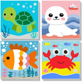 TOSTOG 4 Pack Paint by Number for Kids with Wooden Frame, DIY Cute Sea Animals Paint by Numbers for Kids Ages 4-8, Acrylic Oil Painting Kits Easy Paint by Number for Gift Home Wall Decor 8in X 8in