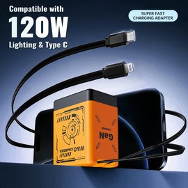 W&O 2-in-1 GaN Compatible with 120W Fast Charger with Retractable Type-C and ligtning Cable | Portable Adapter for iPhone 16, iPad, MacBook, Multi-Device Fast Charging, Folding Charing