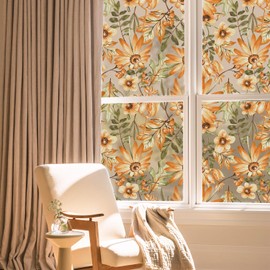 ChicSkin Watercolor Decoratve Window Film Floral, Reusable No Adhesive Fall Window Cling for Glass Window Door, Orange Chrysanthemum Window Decal 16.93"X39.37"