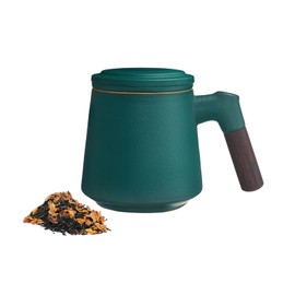 ZENS Tea Cup with Infuser and Lid, Wood Handle Loose Tea Stainer Mug, 12 Ounces Matte Ceramic Steeper Mug for Tea Gifts/Dark Green