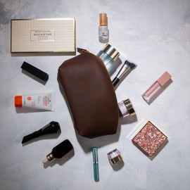 Premium Cosmetic Bag Women's Leather - Luxury Makeup Bag Women's Leather with Large Compartment - Elegant and Durable Makeup Bag Leather for Travel and Daily Use, hazelnut, Cosmetic case