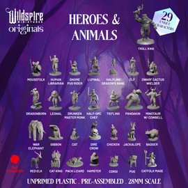 Wildspire Heroes, NPC Animal Companions & Troll King for DND Miniatures Bulk 28mm-32mm Unpainted Paintable Dungeons and Dragons Minis Pathfinder Figures for Fantasy Tabletop Roleplaying Games like D&D