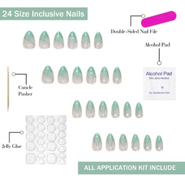 Press on Nails Short Almond OFDNE Fake Nails with Glitter Designs False Nails Gradient Green Glossy Glue on Nails Stick on Nails Artificial Nails for Women Girls 30 Pcs