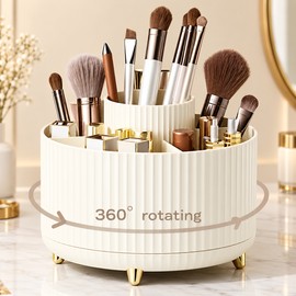 Rotating Makeup Organizer for Daily Beauty Storage – Easy-Access Plastic Holder for Brushes, Lipsticks & Skincare (White)