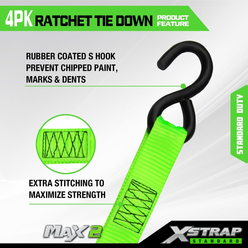 XSTRAP STANDARD Ratchet Tie Down Straps 4Pk 15Ft 1500Lb Break