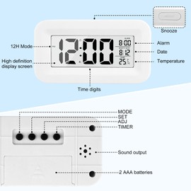 OnrySxn Digital Alarm Clock LED Display, Night Light Snooze Clock with Temperature Date Calendar Display Gradual Bell Portable Alarm Clocks Bedside for Bedroom Home Office Travel Elder Kids (White)