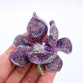 EVER FAITH Broches para Mujer Cristal Austriaco Orquídea Flora Petal Broche Pin Morado Tono Plateado