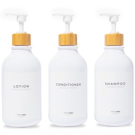 MaisoNovo Refillable Shampoo and Conditioner Bottles | 16.9 fl oz Set of 3 White Plastic Bottles White Bamboo Pumps