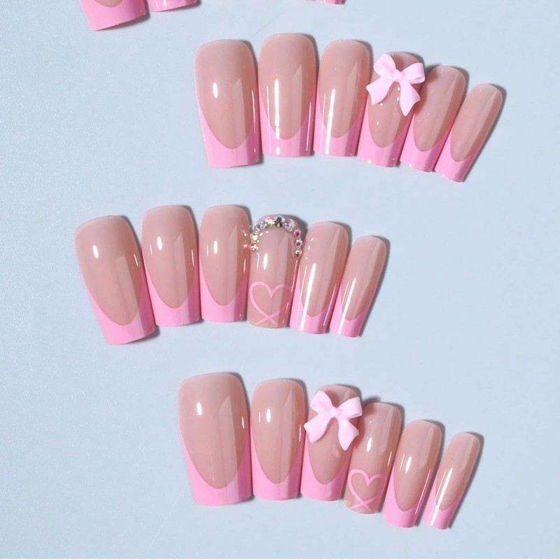 GlamRays 24 Piece French Tip Sticker Nails, Long Coffin Shape,