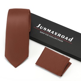Junmaxroad Mens Tie Set Solid Color 3.15" (8CM) Rust Formal Necktie and Pocket Square Set in Gift Box