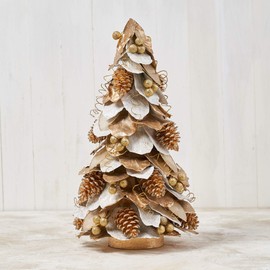 Holiday Tree Christmas Tabletop Tree 24" Ivory Natural Gold Silver Jackfruit Leaves Cone Tree, Handcrafted, Silvery and Gold Preserved Jackfruit Leaves w/Glittery pinecones Combine with Golden Berrie