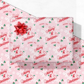 GIOLAINY Pink Merry Christmas Wrapping Paper for Women Girls Kids New Year - Holiday Gift Wrap with "Merry Christmas" Lettering & Reindeer - 4 Sheets (28 x 40 inches), Easy to Store