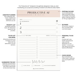Manifest Your Purpose Productive AF Notepad, Daily Planner, Simple Pink Notepad, Organizer, To - Do Lists, Size A5, Undated Planner (50 Sheets),