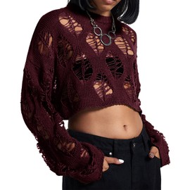 Vinsekep Womens Gothic Short Sweaters Casual Hallow Out Oversized Punk Goth Black Sweater Long Sleeve Ripped Crop Tops with Holes OneSize Burgundy Red