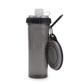 Dexas Popware for Pets Snack Duo Dual Chambered Hydration Bottle and Snack Container with Collapsible Pet Cup, Grey