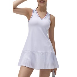 SUHK ASANA Women’s Athletic Golf Tennis Dress Pleated Stitching Workout Dress Sleeveless Athletic Dress White