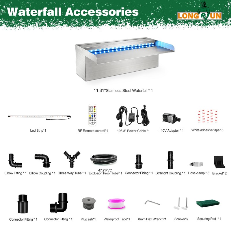 LONGRUN Waterfall Pool Fountain, Updated 5.9'' Wider Open Lip Stainless