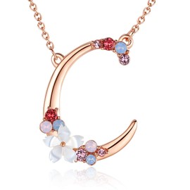 Flower Initial Letter Necklace, Pink Red Blue Simulated Pearl Pendant Name Jewelry Made with Austrian Crystals Rose Gold Plated Anniversary Birthday Gifts for Women,18"+2" (C)
