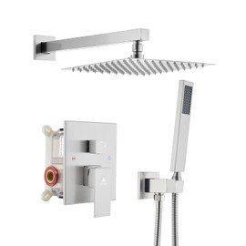 Arofa 12 Inch Shower Faucet Set, Brushed Nickel Rain Shower System Kit with Rough-in Valve High Pressure Shower Fixtures Handheld and Square Rainfall Shower Head Sets Complete Luxury Rain Mixer
