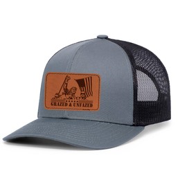 Trenz Shirt Company Mens Trump Grazed & Unfazed Leather Patch Mesh Back Trucker Hat-Charcoal/Black