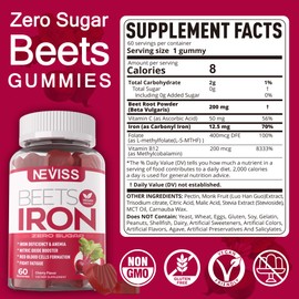 Beet Root Gummies with Iron, Methyl B12, Folate, Vitamin C - Increase Nitric Oxide & Iron Levels, Energy Support, Fight Fatigue, Beetroot & Gentle Iron Supplement, Sugar Free, 120 Count