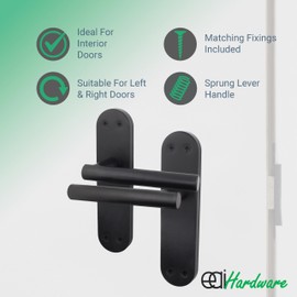 EAI Black Door Handle Latch Set | 1 Pair of Matt Black Internal Lever Latch T-Bar Handles on Backplate & Latch (64mm) | Oliena Range