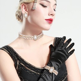 Flyonce 1920s Jewelry Women Pearl Necklace Vintage Bridal Beaded Costume Bracelet Clip On Earrings, Large Simulated Chunky Choker Bib Set for Cosplay Party Accessories