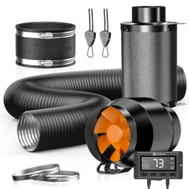 Hon&Guan 4 Inch 212 CFM Air Filtration PRO Kit for Grow Tent Ventilation System, 4" Inline Duct Fan with EC Motor, Smart Temperature Humidity Controller, 4" Carbon Filter & 8 Ft Ducting