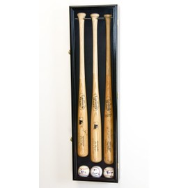 3 Baseball Bat Display Case Cabinet Holder Wall Rack Custom Options 98% UV - Lockable (Black Wood Finish, Black Felt - Vertical Mounting)