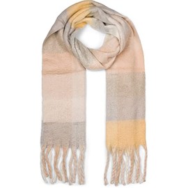 styleBREAKER Women's Web Knitted Scarf with Colourful Checked Pattern and Long Thick Fringes, Warm Winter, Stole 01017138, Grey-yellow/beige