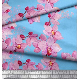 Soimoi Blue Viscose Chiffon Fabric Bird & Orchids Flower Decor Fabric Printed BTY 42 Inch Wide