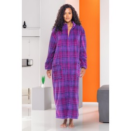 Alexander Del Rossa Long Zip Up Robes for Women, Plush Zipper Robes for Women Plus Size, Housecoats for Women Zipper Front Purple Plaid Medium (A0300P74MD)