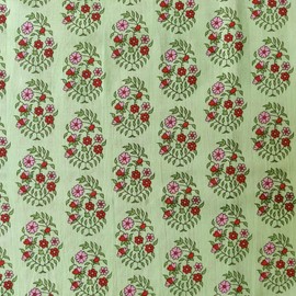 AVKA Studio Hand Block Print Fabric by The Yard - PRECUT 1 Yard 42 Inch Width - 100% Cotton Material - Pistachio Green Floral Pattern - Light Weight Indian Cloth for Making Summer Dress Tops Project