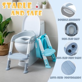 EGREE Potty Training Toilet Chair Seat with Step Stool Ladder for Kids and Toddler Boys Girls - Foldable Height Adjustable Children Toilet Training Seat with Safe Handles & Anti-Slip Pads, White-Grey