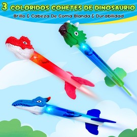 HomeChi Lanzador de Dinosaurios para Niños, 3 Cohetes Luminosos de Espuma, Lanza hasta 100 Pies para Niños y Niñas 3 a 10 Años, Juguete Lanzador de Cohetes a Pedal para Halloween Navidad Cumpleaño