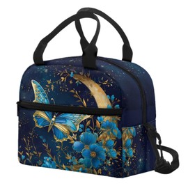 Butterfly Insulated Lunch Box for Women Blue Lunch Tote Bag with Strap Floral Reusable Cooler Bag for School Girls Kids Snack Box Container Pouch for Work Travel Meal Prep Bag