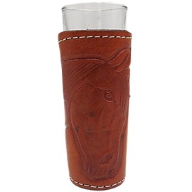 Needzo Brown Leather Shot Glass Holder with Decorative Bottom, Carved Horse's Face, Collectible Adult Drinking Glasses, Cowboy-Themed Home Bar Decorations, 1 Ounce
