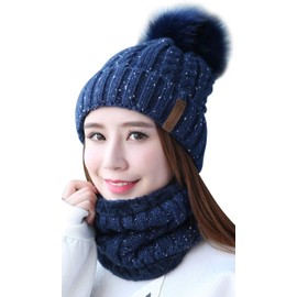 Women's Winter Hat Scarf Set, Soft Inner Lining Knitted Hat and with Fleece Lining, Winter Warm Beanie Hat Knitted Scarf, Tube Scarf Hats Hats Faux Fur Bobble Pom (Navy Blue), One Size