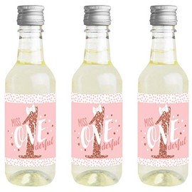 Big Dot of Happiness 1st Birthday Little Miss Onederful - Mini Wine and Champagne Bottle Label Stickers - Girl First Birthday Party Favor Gift for Women and Men - Set of 16