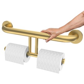 Brushed Gold Grab Bar for Bathroom 17 Inch, Zepolu Stainless Steel 2-in-1 Safety Handrail w/Double Toilet Paper Holder, Wall Mounted Balanced Support Bar Assist Handle for Senior Elderly Handicap