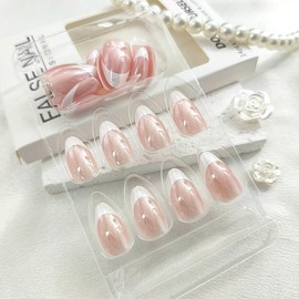 French Tip Press on Nails Short Almond Fake Nails with Chrome Designs French Tip Nails Press ons Glossy Glue on Nails White False Nails Daily Wear Simple Acrylic Nails Stick on Nails for Women 24Pcs