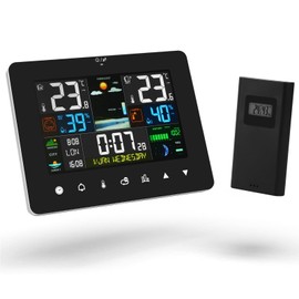 OFFCUP Weather Station, Touchscreen LCD Digital Thermometer Hygrometer with Sensor, Wireless Temperature and Humidity Monitor with Weather Forecast/Time/Dual Alarm/Snooze/Alert/Barometric/Moon Phase
