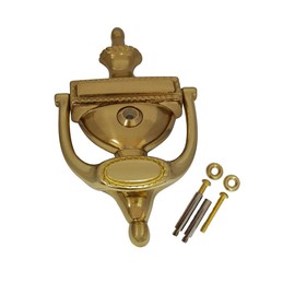 QCAA Solid Brass Door Knocker, Victorian Rope Type, 7-3/8", with 160 Degree Glass Len Door Viewer (UL Listed), Polished Brass, 1 Pack, Made in Taiwan