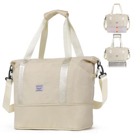 TAN.TOMI Travel Bag Hand Luggage Weekender Bag Sports Bag Women Hand Luggage Bag Travel Bag Foldable Waterproof Duffle Bag Training Bag Hospital Bag Birth Suitable Holiday Camping, beige