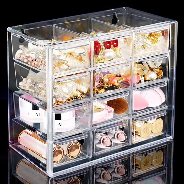 ToyaJeco Desk Storage Organizer with 12 Mini Drawers, Clear Desktop Craft Drawer Cabinet, Stackable Storage Box Caddy for Makeup Jewelry Office Craft Supplies (12 Drawers)