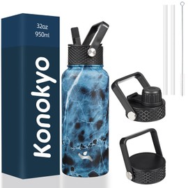 Konokyo Insulated Water Bottle with Straw,32 oz 3 Lids Metal Bottles Stainless Steel Water Flask,Marble Ocean
