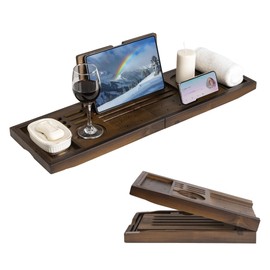 FLYJOE Wood Bathtub Tray Table - Foldable Bath Tray for Tub with Expandable Handles, Wine Glass & Phone Holder, Book Stand - Enhance Home Spa Experience with Natural TeakMaterial, Walnut