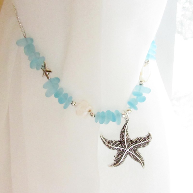 Starfish Curtain Tie Backs with Ocean Blue Sea Glass Beads,