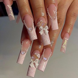 3D Bow Nail Charms, Pink White Nail Bow Pearl Heart-Shaped Star for Nails, DIY Craft, Colorful Nail Art Bows, Nail Bow Charms with Multicolor Shapes, for Women and Girls Nail Decoration